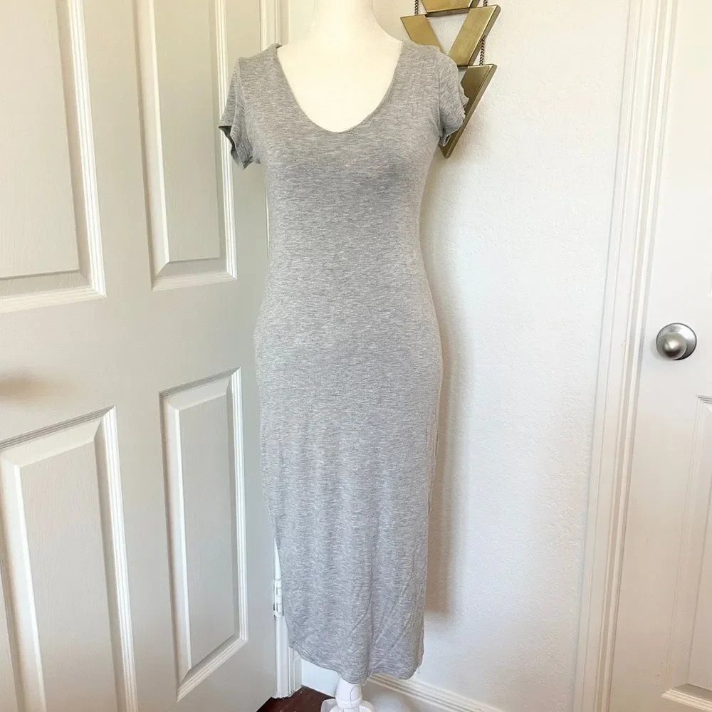 See You Monday Form Fitting Body Con Grey Cap Sleeve Dress